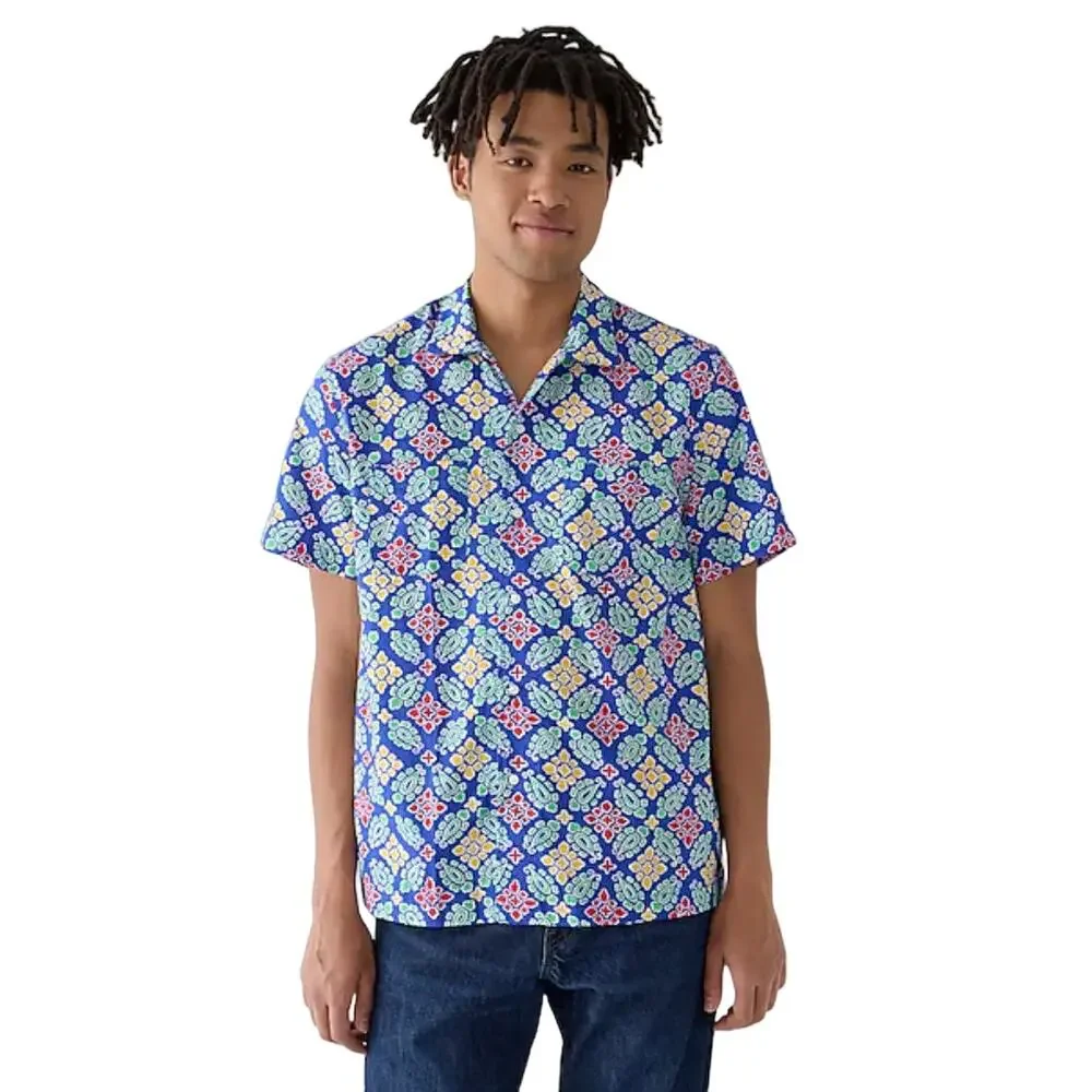 NWT J. Crew Blue Floral Short-Sleeve Slub Cotton Camp-Collar Shirt